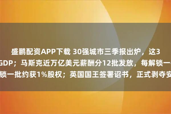 盛鹏配资APP下载 30强城市三季报出炉，这3个城市今年将冲击万亿GDP；马斯克近万亿美元薪酬分12批发放，每解锁一批约获1%股权；英国国王签署诏书，正式剥夺安德鲁王子头衔｜早报